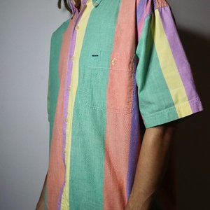 Vintage World Island Men's Striped Half Sleeve Button Down T-Shirt Size Large